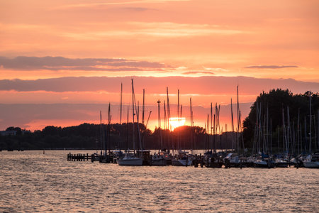 City port in Rostock Germany with sunset.の写真素材