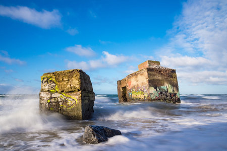 Bunker on shore of the Baltic Sea on a stormy day.