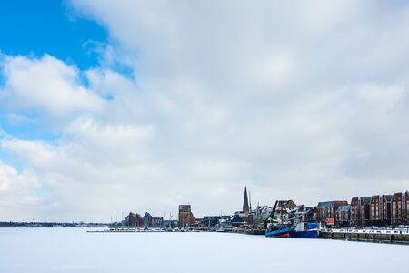 Winter time in the city port of Rostock, Germany.の写真素材