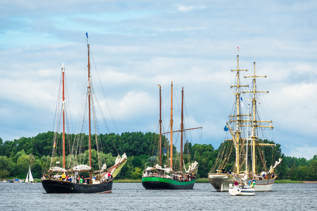 Sailing ships during the Hansesail in Rostock, Germany.のeditorial素材