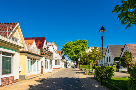 Buildings with blue sky in Warnemuende, Germany.の写真素材