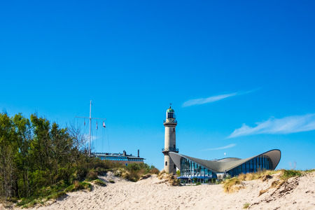 Lighthouse with blue sky in Warnemuende, Germany.のeditorial素材