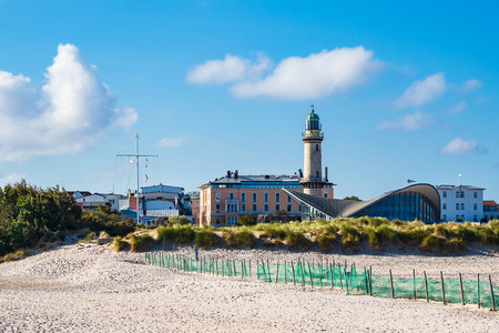 Lighthouse with blue sky in Warnemuende, Germany.のeditorial素材