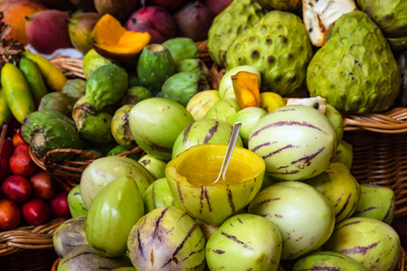 Fruits on a market in Funchal on the island Madeira, Portugal.の写真素材
