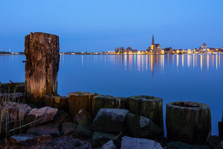 View over the river Warnow to the city Rostock, Germany.の写真素材