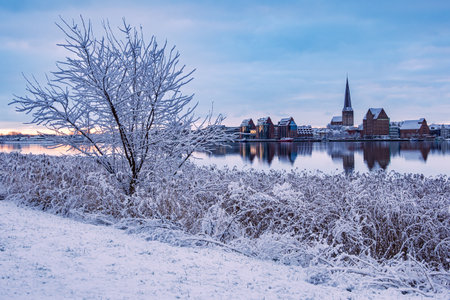 View over the river Warnow to the city Rostock, Germany.の写真素材