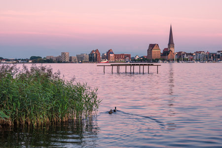 View over the river Warnow to the city Rostock, Germany.の写真素材