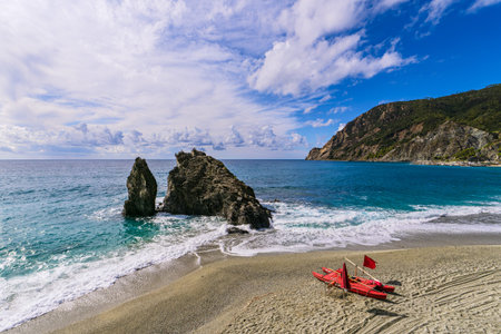 Beach near the village Monterosso al Mare on shore of the Mediterranean Sea in Italy.