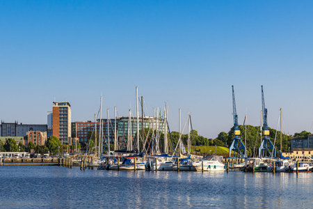 View over the river Warnow to the Hanseatic City of Rostock.の写真素材