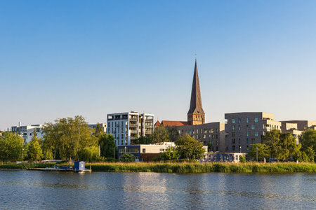 View over the river Warnow to the Hanseatic City of Rostock.の写真素材