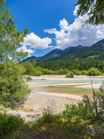 Landscape on the river Isar near Kruen in Bavaria, Germany.の写真素材