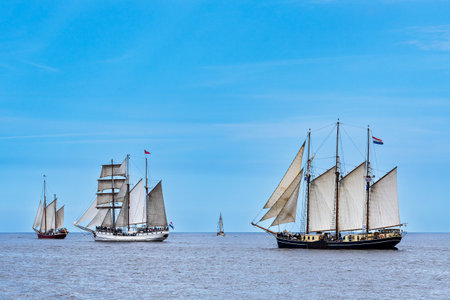 Sailing ships on the Baltic Sea during the Hanse Sail in WarnemÃ¼nde, Germany.の写真素材
