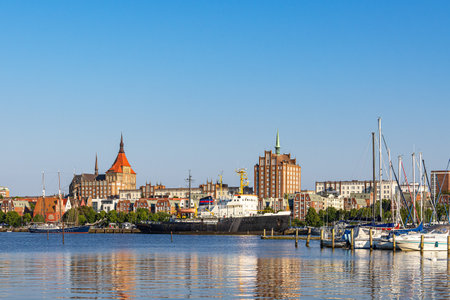 View over the river Warnow to the Hanseatic City of Rostock.の写真素材