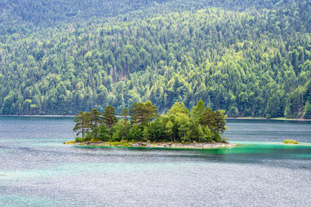 Island in the Eibsee lake near Garmisch-Partenkirchen in Bavaria, Germany.