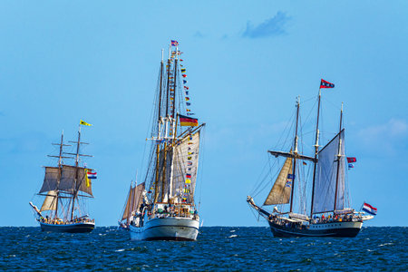 Sailing ships on the Baltic Sea during the Hanse Sail in Rostock, Germany.