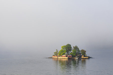Archipelago islands with fog near Stockholm, Sweden.の写真素材