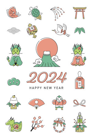 2024 Year of the Doragon Japanese New Year's card, Line drawing ver. Illustration design of a Dragon couple, Mt.Fuji and Good luck charms. Text translation: Happy new year, dragon, Reiwa 6, Thank you.のイラスト素材