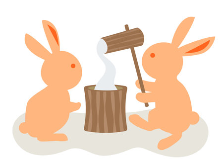 Illustration depicting Japan's traditional eventâThe Rabbit of Juugoyaâ, pounding rice cakes with a mortar and pestle. The Mid-Autumn Festival.のイラスト素材