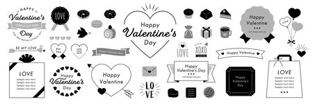 Happy Valentine's Day Design Ideas with Text frames, Borders, and Other Decorations, Monochrome ver. Open path available, editable.のイラスト素材
