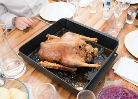Christmas turkey on the dining tableの写真素材