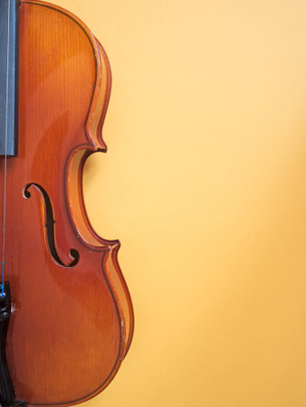 Detail of an old violin against yellow backgroundの写真素材