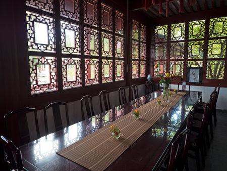 Old Restaurant with traditional Chinese wooden carvingのeditorial素材