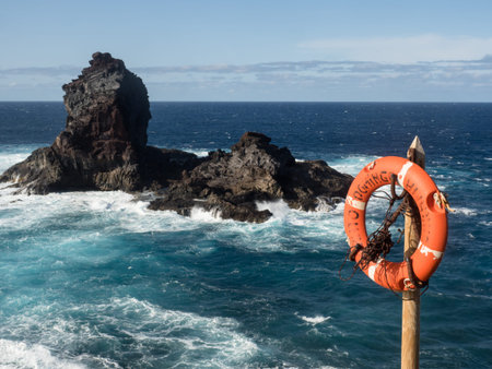 Lifebuoy with rocky coast in stormy weather
