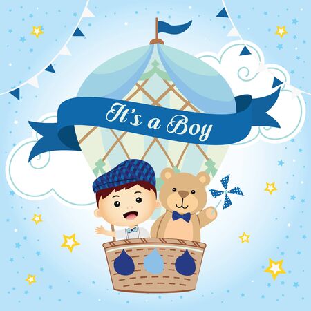 it's a boy, a boy and a bear with air balloonのイラスト素材