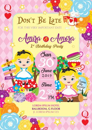 ad tea birthday party invitation with cute little girlsのイラスト素材