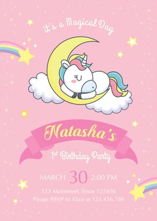 First Birthday Invitation with cute unicornのイラスト素材