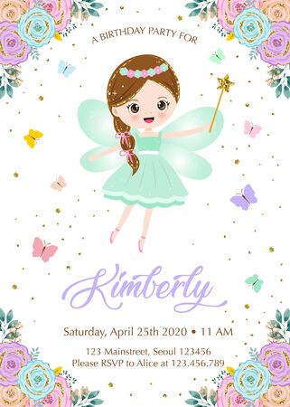 Birthday Card with cute fairy and flowersのイラスト素材