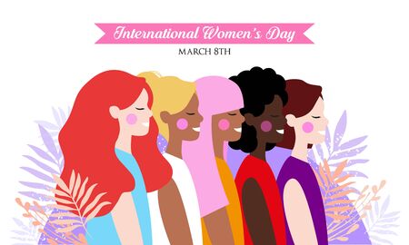 Female diverse faces of different ethnicity poster. International women s day graphic in vectorのイラスト素材