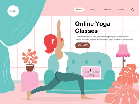 Landing page yoga lessons online. Trainer classes, Flat illustration for Web Page. Sport at home during the Corona virus (COVID-19) Epidemic.のイラスト素材
