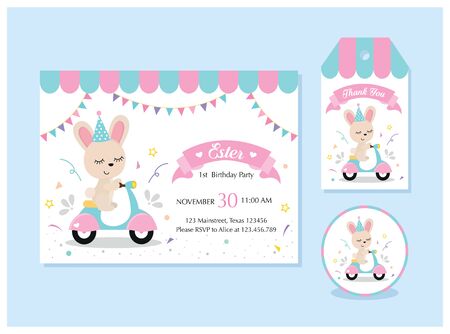 Cute bunny birthday invitation set with Card, label and thank you tagのイラスト素材