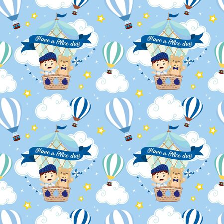 seamless pattern with cute boy and bear in the hot air balloon, textile fabric pattern print, wrapping paper, book cover, face mask, pajamas and bedding pattern for kids illustrationのイラスト素材
