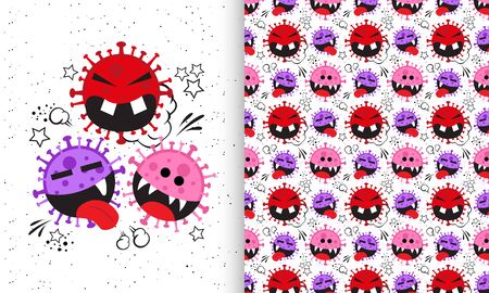 Seamless vector pattern with corona virus cartoon emoticonのイラスト素材