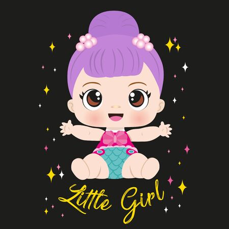 Cute little girl vector illustration in cartoon style. Use for childish surface designs, print, card, fashion kids wear, textile, baby showerのイラスト素材