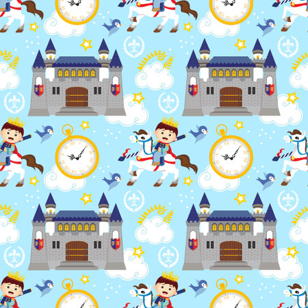 Childish seamless prince and castle. Creative kids texture for fabric, wrapping, textile, wallpaper, apparel. Vector hand drawn illustrationのイラスト素材