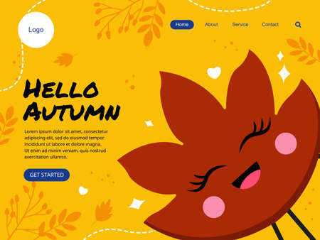 Hello Autumn Flat Landing Page Vector Template. A cute kawaii leaf Website Page Concept.のイラスト素材