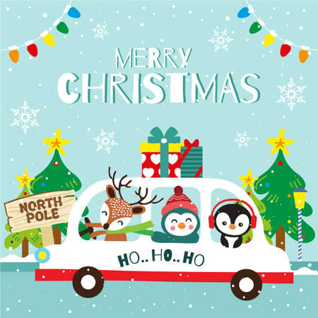 Merry Christmas greeting card with reindeer and friends on carのイラスト素材