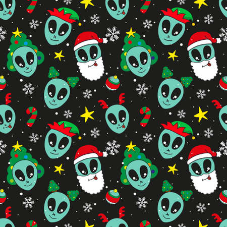 cute alien head and christmas ornament seamless pattern. Textile fabric pattern print, wrapping paper, book cover, pajamas, face mask, and bedding pattern illustrationのイラスト素材