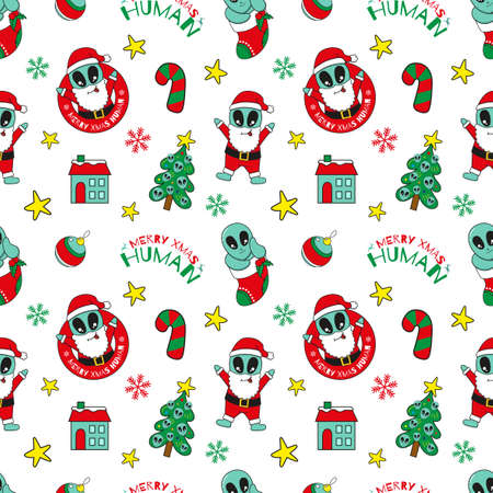 cute alien santa claus and christmas ornament seamless pattern. Textile fabric pattern print, wrapping paper, book cover, pajamas, face mask, and bedding pattern illustrationのイラスト素材