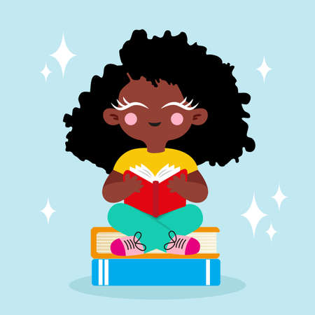 A happy cartoon little black girl enjoying reading a bookのイラスト素材