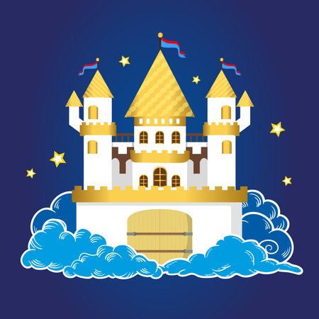 Vector white magic castle. Cartoon castle in blue cloudsのイラスト素材