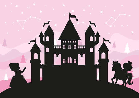 Silhouette of castle, prince and princess free vectorのイラスト素材