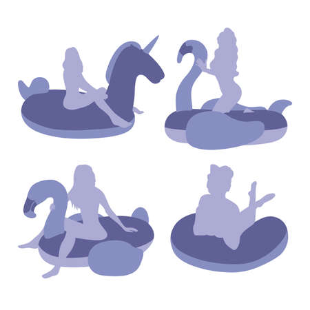 girls on Funny pool floats silhouetteのイラスト素材