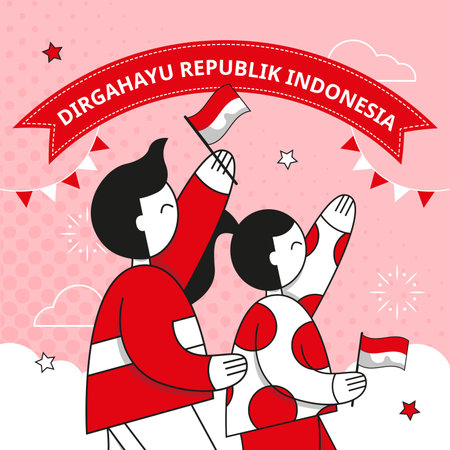 Indonesia independence day greeting card with flat people illustrationのイラスト素材