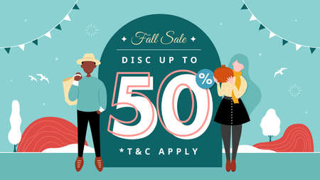 Fall sale banner with flat people illustrationのイラスト素材