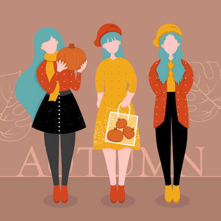 autumn women flat vector illustrationのイラスト素材