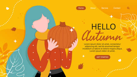 Hello autumn landing page with flat people illustrationのイラスト素材